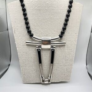 CLB NYC Signed Vintage Silver Tone Black Beaded Modernist Statement Necklace